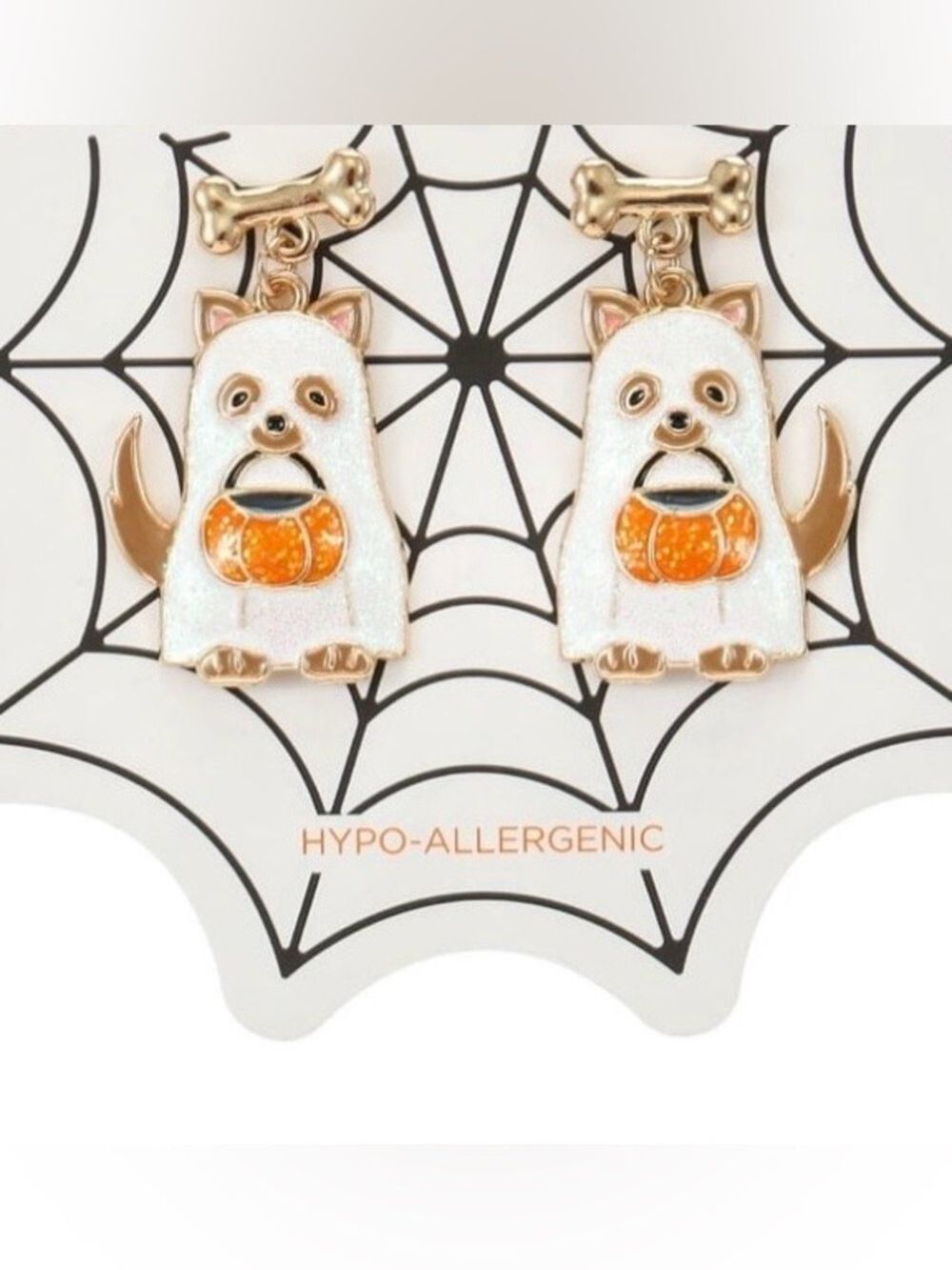 Ghost Dog Pumpkin Dangle Earrings Halloween Goldtone NWT - Picture 5 of 6
